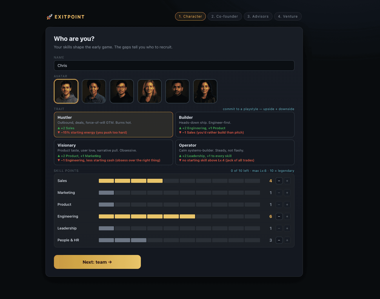 Onboarding step 1 — Who are you? Pick a name, an avatar, one trait (Hustler, Builder, Visionary, Operator), and spend 10 skill points across Sales, Marketing, Product, Engineering, Leadership, and People & HR.